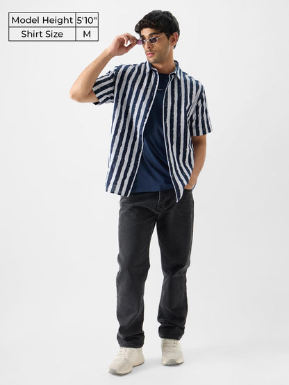 The Souled Store Men Stripes: Midnight Blue Printed Shirts Shirts Casual Button-Down Half Sleeve Printed Graphic Short Sleeve Ca