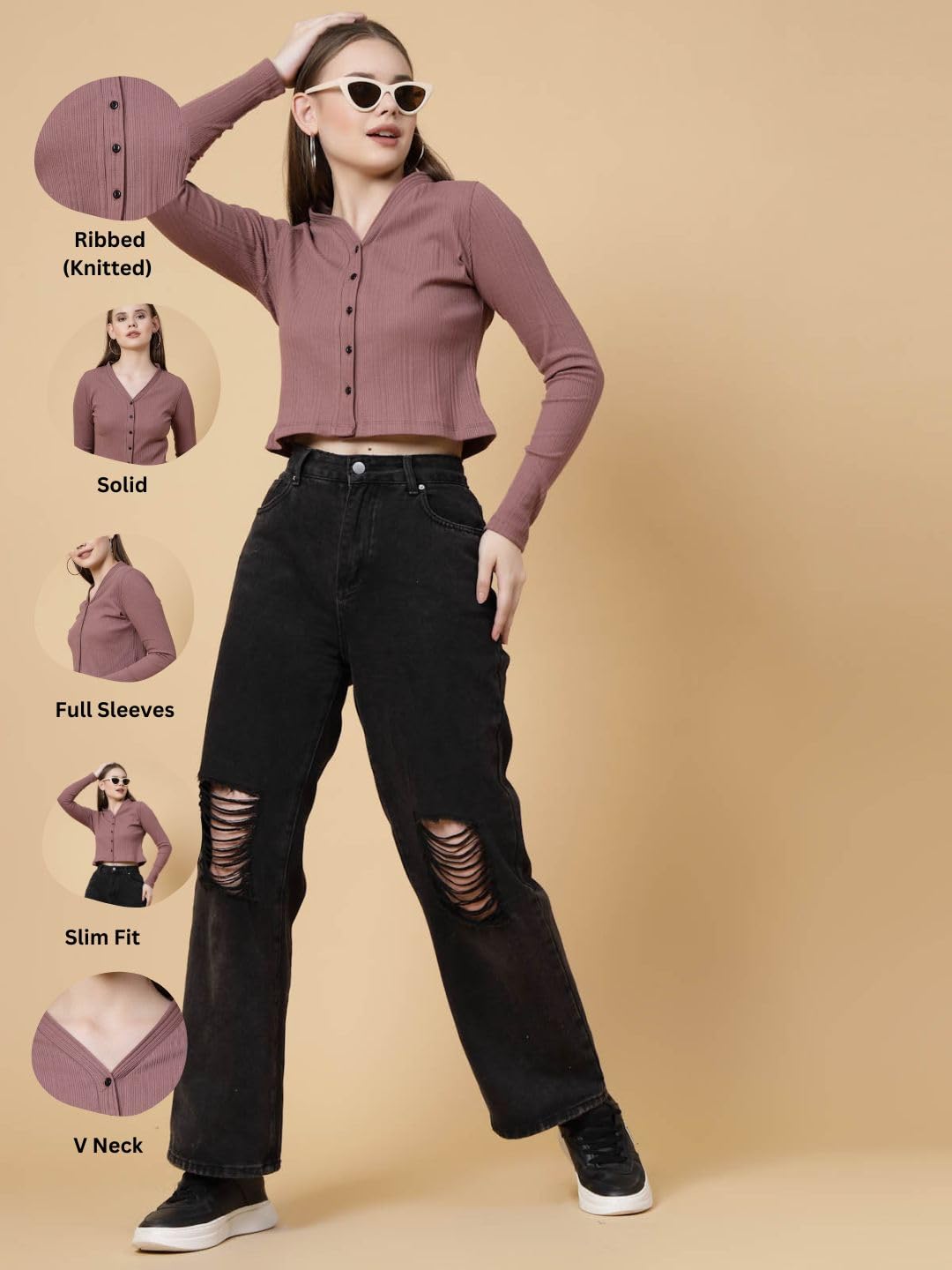 Rigo Casual Wear V Neck Rib Knit Top for Women | Slim Fit Long Sleeves Western Tops for Women