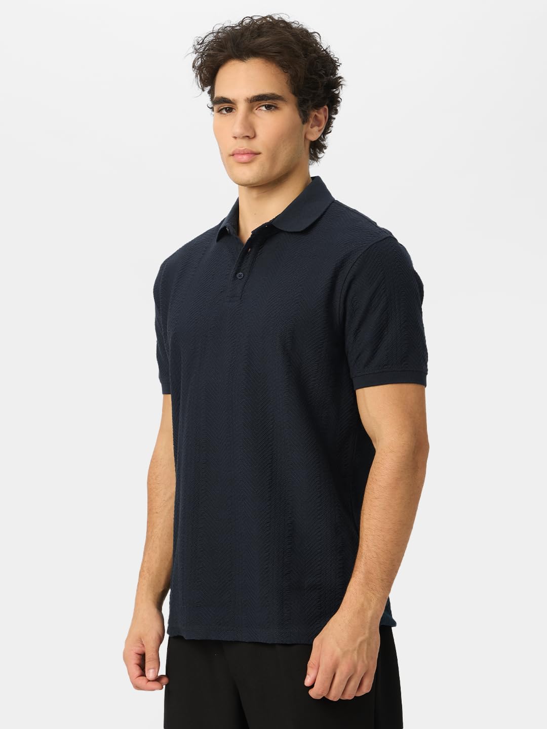 The Souled Store Official Textured Polo : Navy Men and Boys Short Sleeves Collared Neck Multicolor Printed Regular Fit Cotton Bl