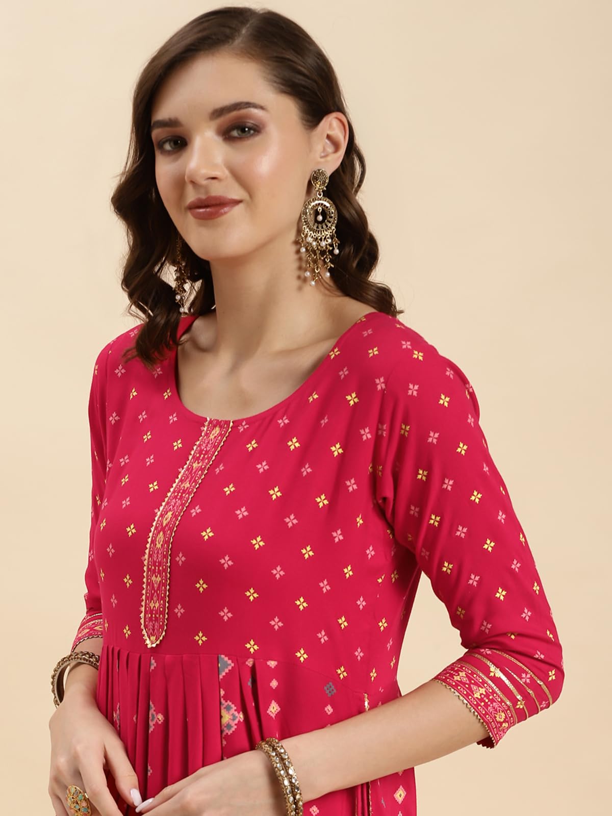 rangita Pink Rayon Calf Length Printed Nayra Kurti for Women | Kurta for Women