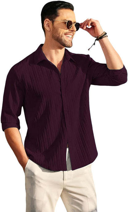 Deelmo MenS Button Down Dress Shirts Textured Long Sleeve Casual Hawaiian Beach Shirt Purple