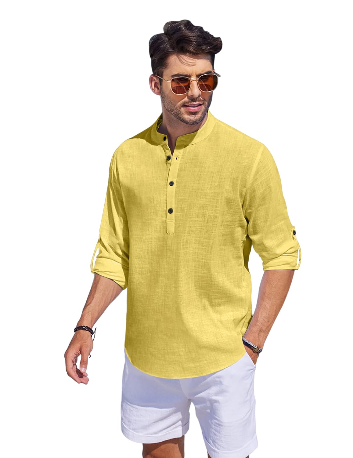 Hemrin Men Solid Cotton Blend Straight Kurta Shirt Yellow