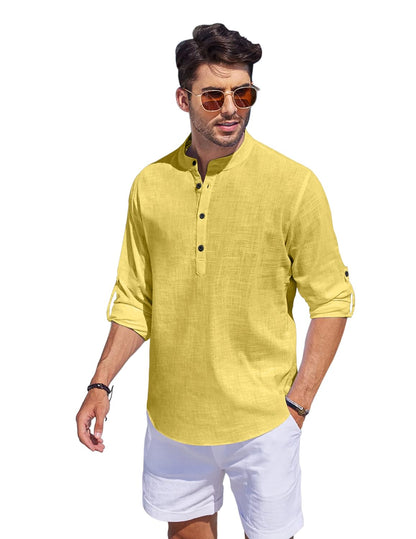 Hemrin Men Solid Cotton Blend Straight Kurta Shirt Yellow