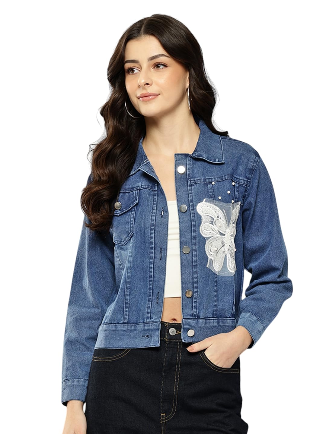 Aarika Womens Blue Colour Self Design Denim Jacket-(S-Xl)-(Aug_Dn_W_138_Blue_M)