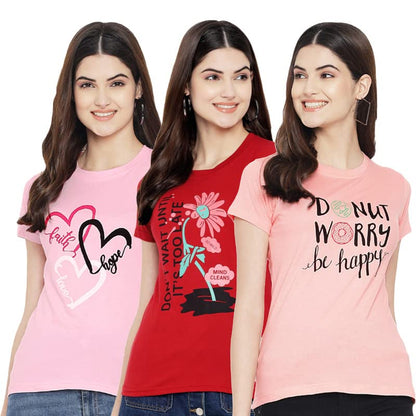 Preneum Womens Cotton Regular Fit Latest Graphic Stylish Printed Short Sleeves Casual T-Shirt || Trend & Style (Pack 3), Pink &