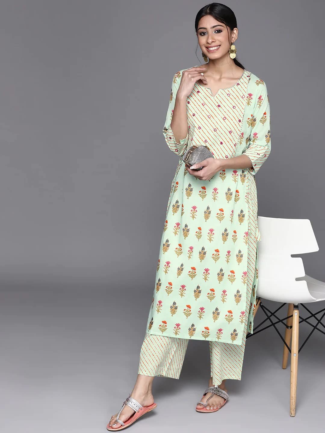 GoSriKi Women's Cotton Straight Printed Kurta with Palazzo (Khona-GO)