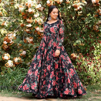 Toochki Gown For Women Wedding | One Piece Dress For Womens Long | Maxi Dresses | Ethnic Black Gowns | Anarakali Suit | Floral P