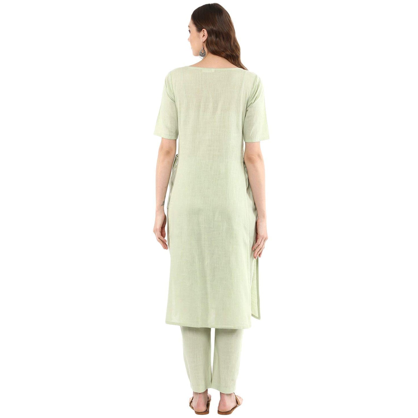 Idalia Sage Green Solid Straight Kurta Set For Women 3/4 Sleeve, Round V Neck Designer Kurta With Pant