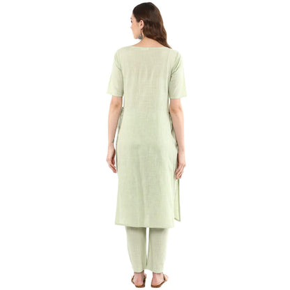 Idalia Sage Green Solid Straight Kurta Set For Women 3/4 Sleeve, Round V Neck Designer Kurta With Pant
