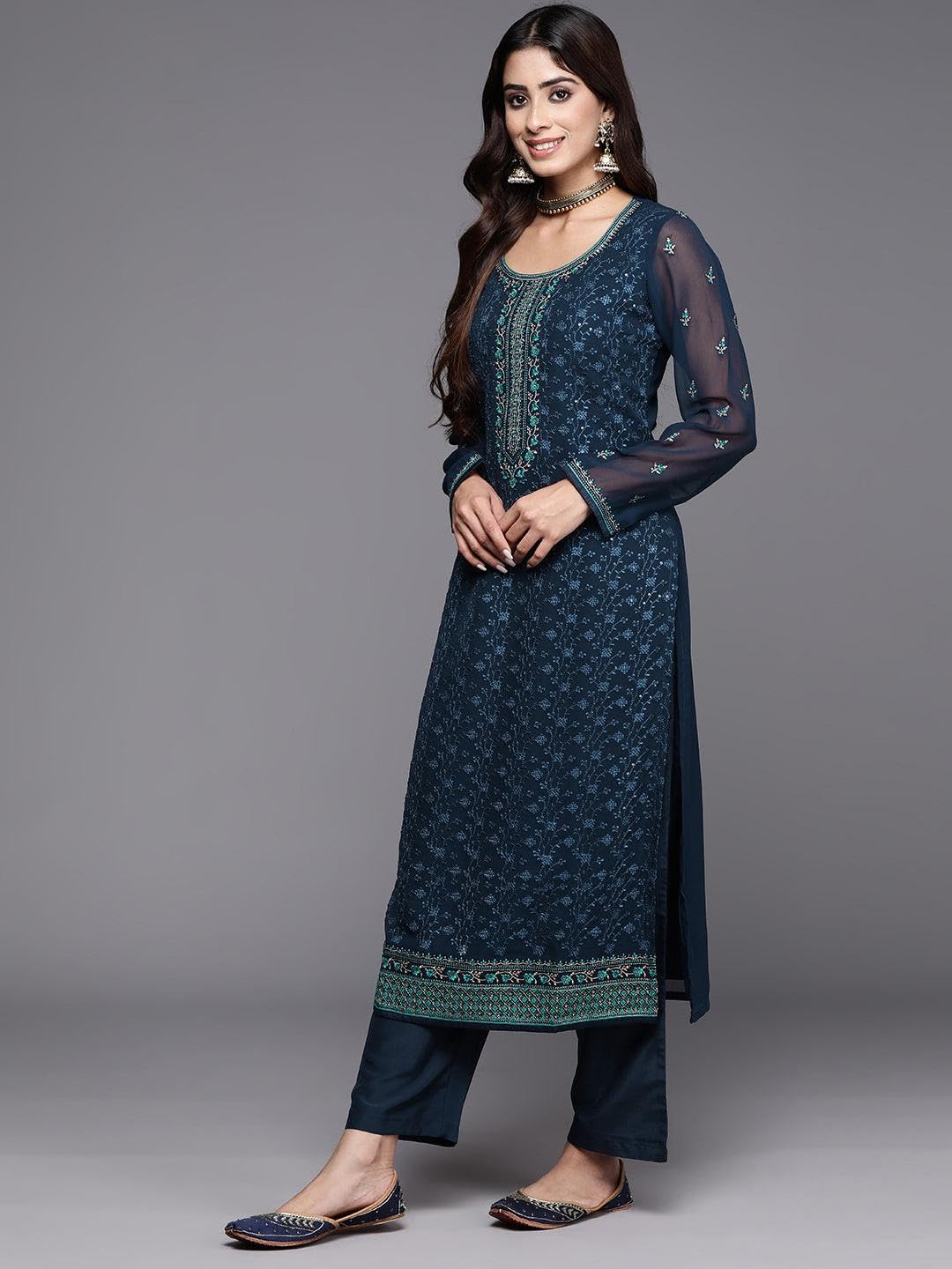 Libas Womens Embroidered Georgette Straight Kurta With Trousers And Dupatta