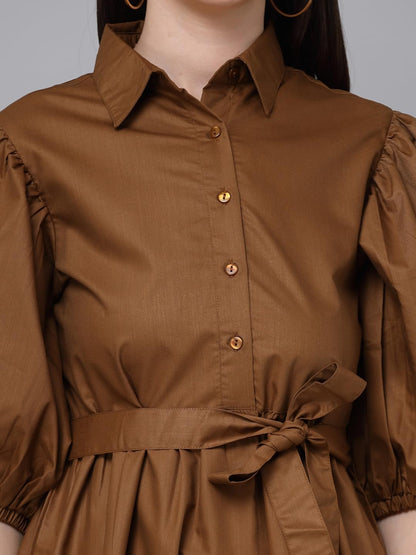 Style Quotient Women Solid Brown Polycotton Smart Casual Dress