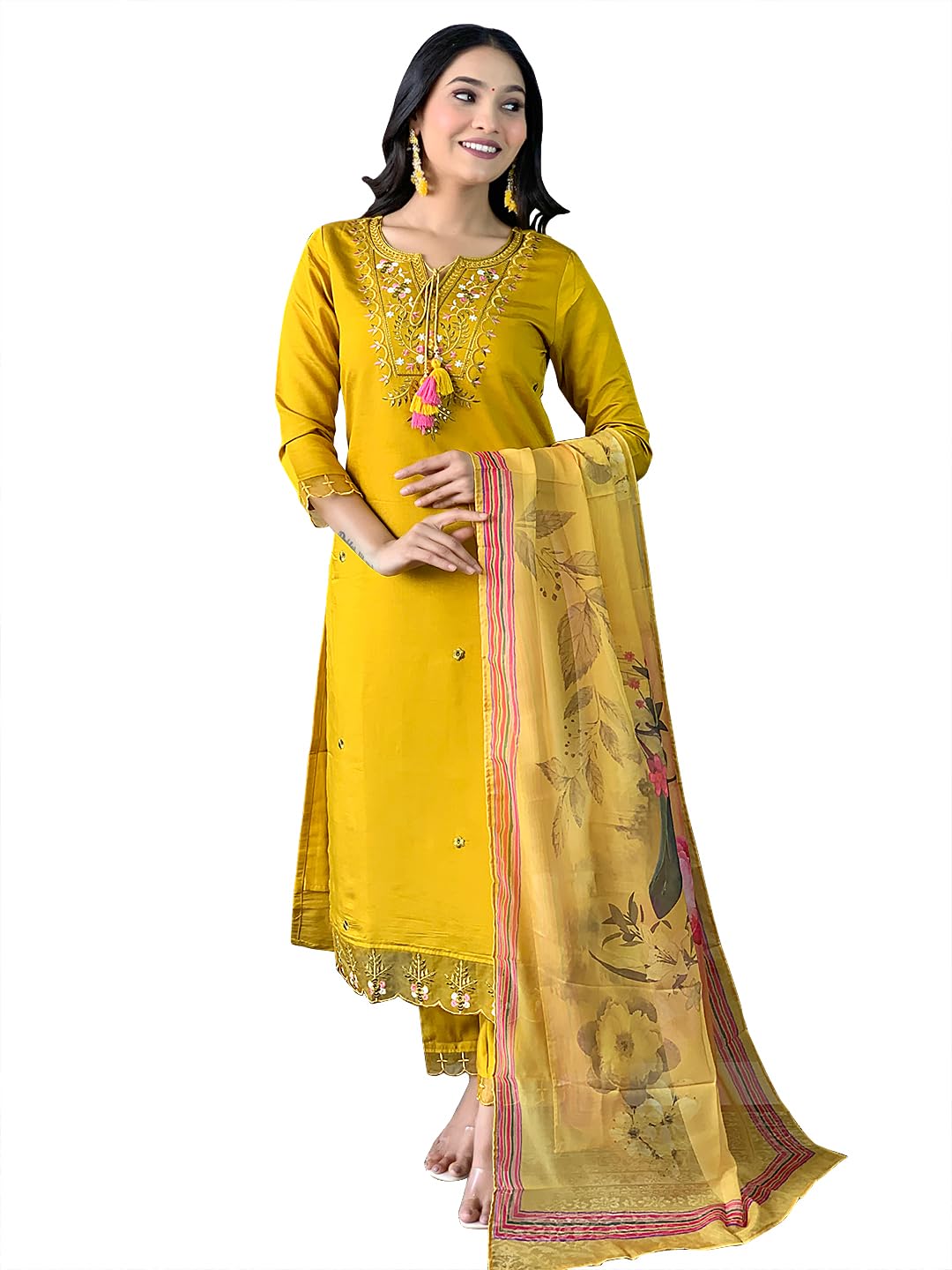 Naixa WomenS Pure Cotton Embroidered Straight Kurta With Pant And Dupatta Sets For Wedding And Festival Wear (Nx3-556-Mustard-X