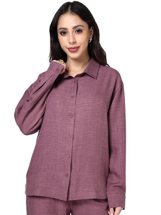 Bewakoof WomenS Textured Oversized Fit Full Sleeve Collar Polyester Shirt_1004087_Dark Mauve_L