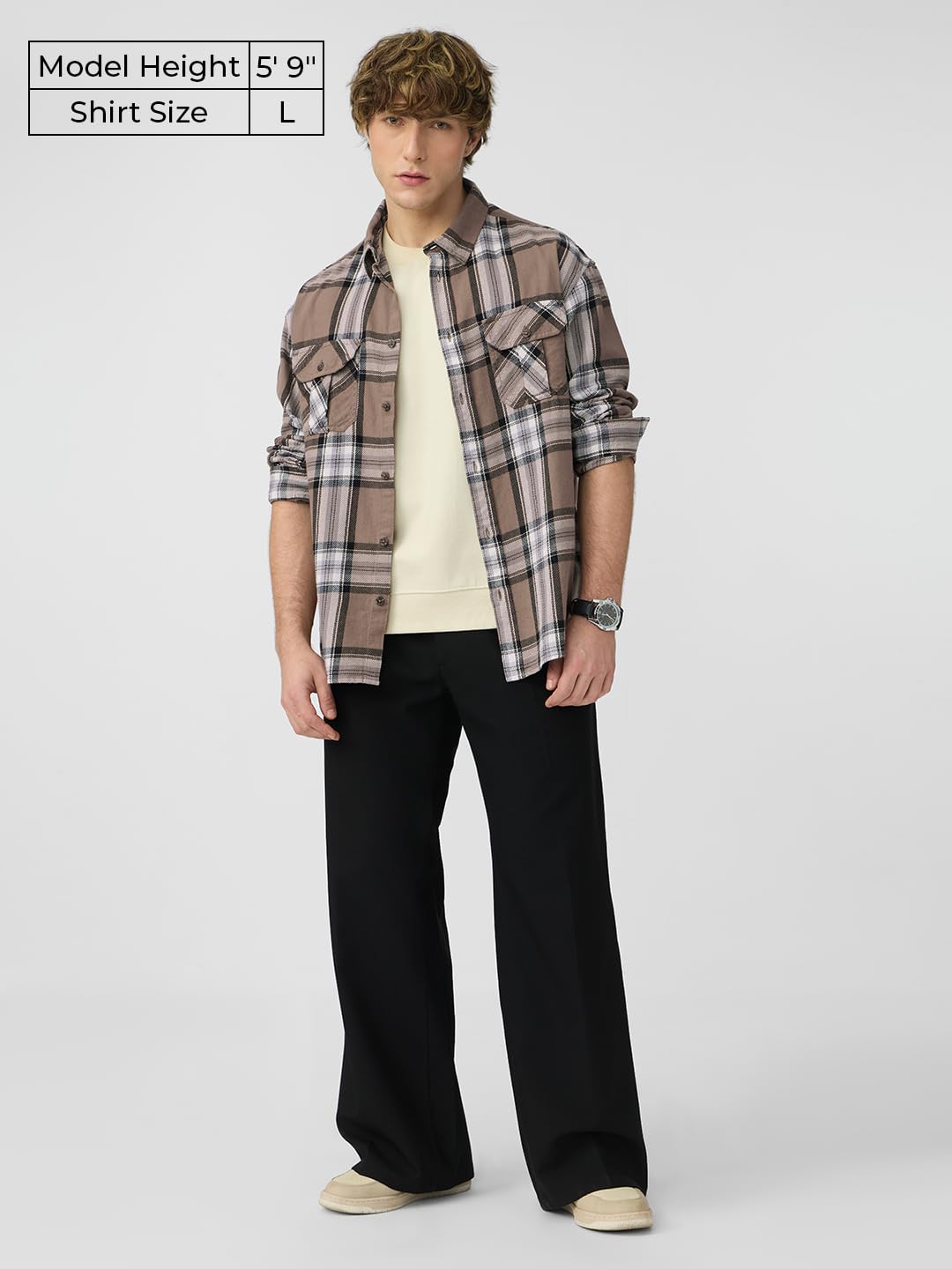 The Souled Store Tan Men and Boys Long Sleeves Collared Neck Button Front Plaid Brown Cotton Relaxed Shirts