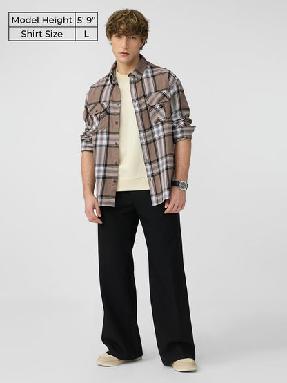 The Souled Store Tan Men and Boys Long Sleeves Collared Neck Button Front Plaid Brown Cotton Relaxed Shirts