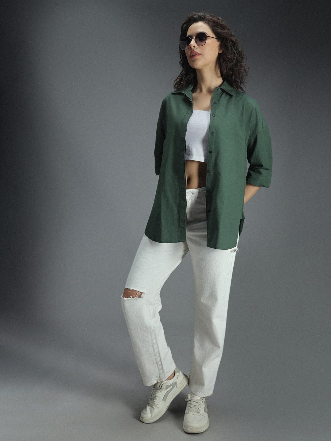 High Star WomenS Solid Oversized Fit Shirt (Hswshs23001_Green 1