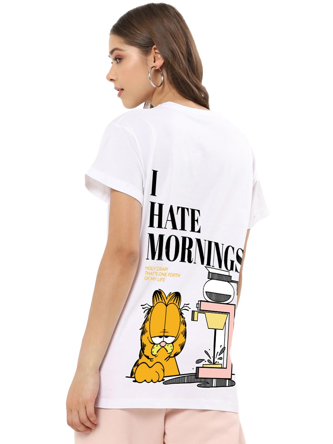 Bewakoof Women Cotton Relaxed Fit Official Garfield Merchandise Graphic Printed Boyfriend Fit T-Shirt_ 621331_White_L