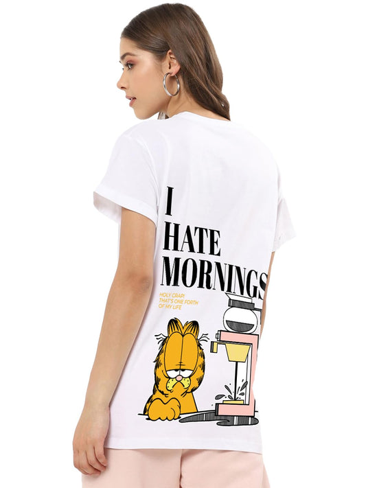 Bewakoof Women Cotton Relaxed Fit Official Garfield Merchandise Graphic Printed Boyfriend Fit T-Shirt_ 621331_White_L