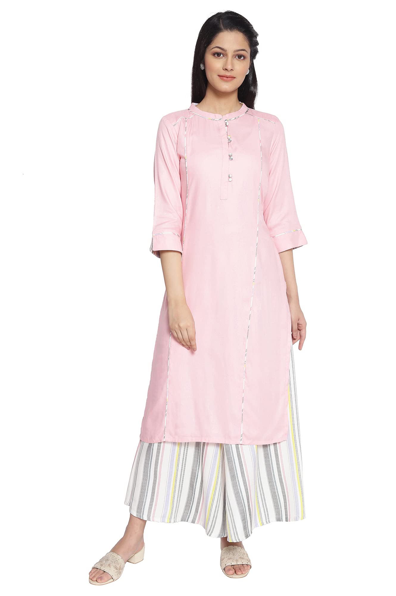 Aurelia Women's Viscose Baby Pink Geometric Band Collar Straight Kurta