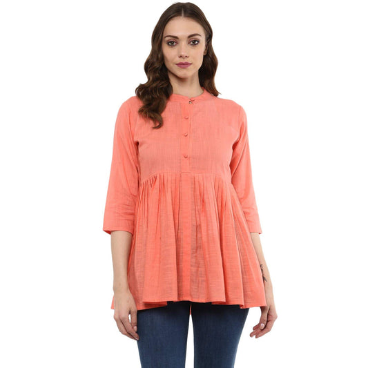 Idalia Peach 3/4 Sleeves,Flared Mandarin Collar Top For Women