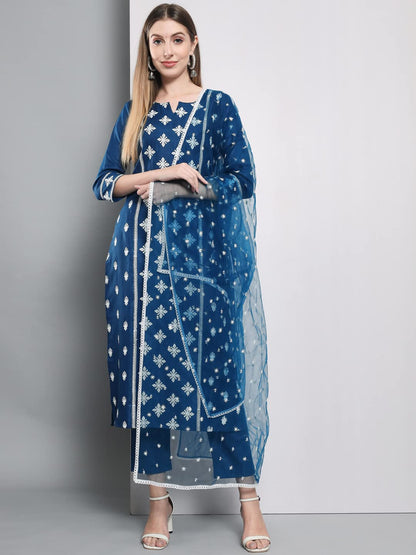 ANNI DESIGNER Women's Cotton Blend Embroidered Straight Kurta with Pants & Dupatta (KURUPAM)