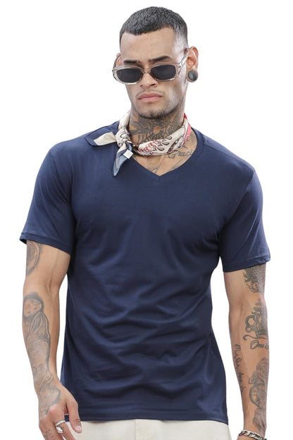 ADRO Men's V Neck Solid Cotton T-Shirt (VN-M-PLN-NB_Navy)