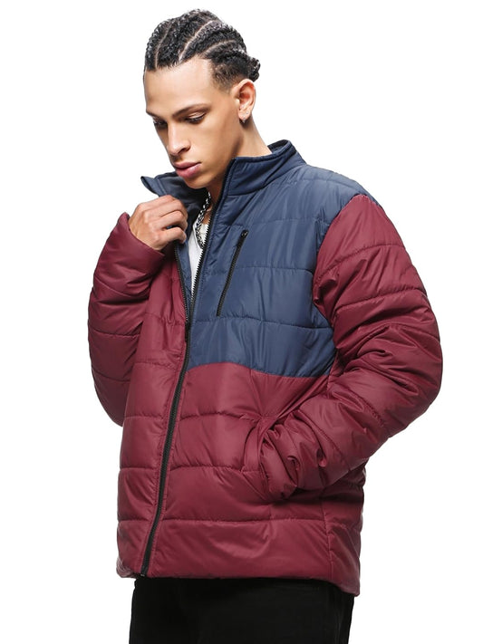 Bewakoof MenS Color Block Oversized Fit Full Sleeve Stand Collar Nylon Puffer Jacket_498931_Maroon_M