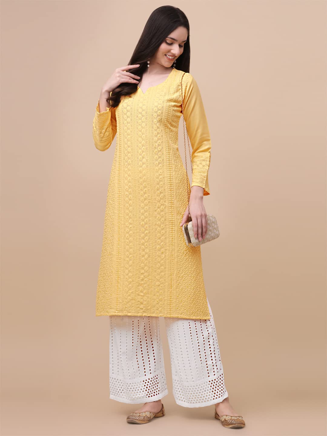 Gufrina WomenS Viscose Rayon Kurta & Palazzo Set With Notch Neck Chikankari Embroidery Work 3/4Th Sleeves Regular Fit And Calf