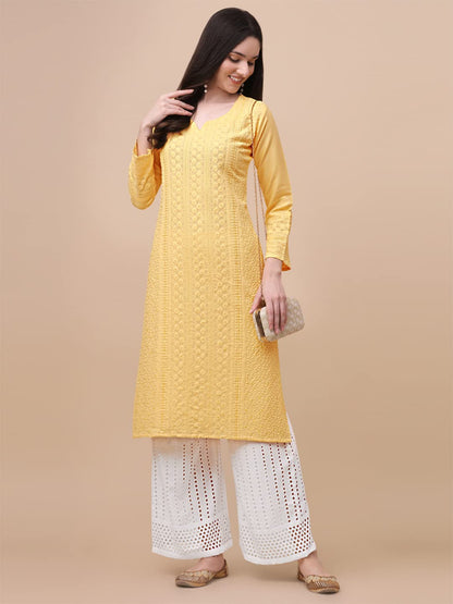 Gufrina WomenS Viscose Rayon Kurta & Palazzo Set With Notch Neck Chikankari Embroidery Work 3/4Th Sleeves Regular Fit And Calf