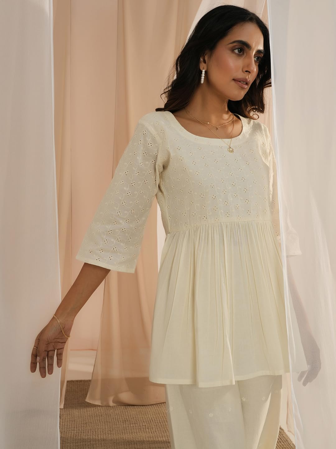 Libas WomenS Pure Cotton Embroidered A-Line Kurtis (29092_Off White