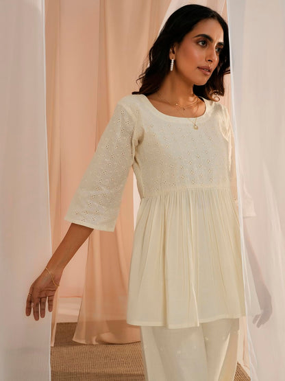 Libas WomenS Pure Cotton Embroidered A-Line Kurtis (29092_Off White