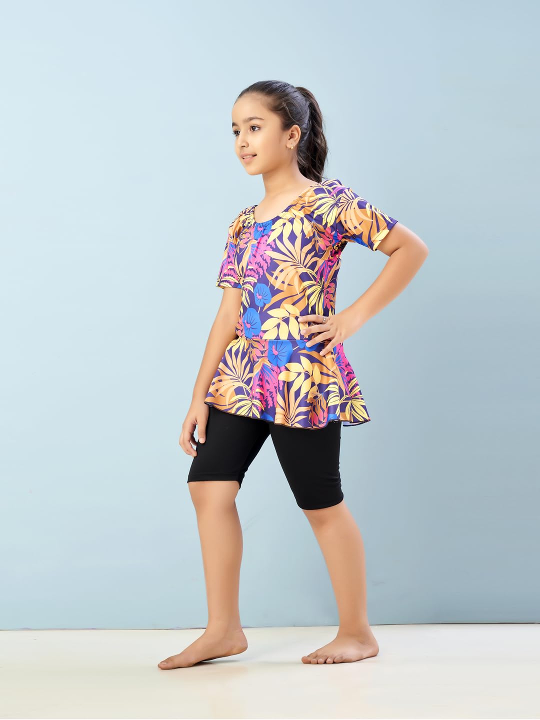 Aarika Girls Sports Wear Yellow Black Colour Floral Print Nylon Swim Suit (5-15 Years)-(SW-SHM-CA-1114)