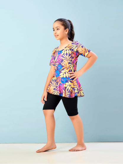 Aarika Girls Sports Wear Yellow Black Colour Floral Print Nylon Swim Suit (5-15 Years)-(SW-SHM-CA-1114)