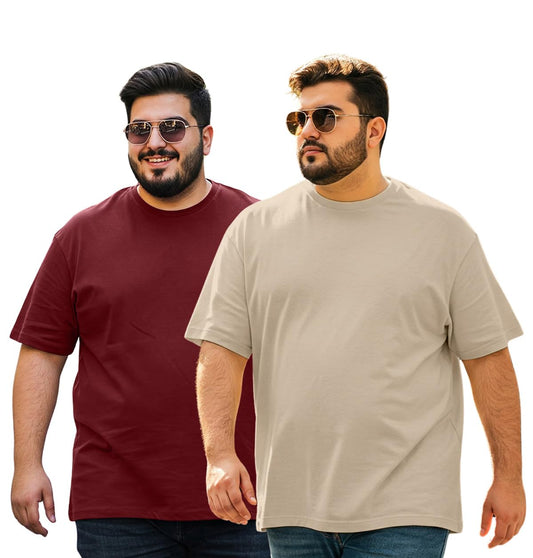 Veirdo Mens Cotton Oversized Loose Fit Drop Shoulder Solid Core Plus Size T-Shirt Combo