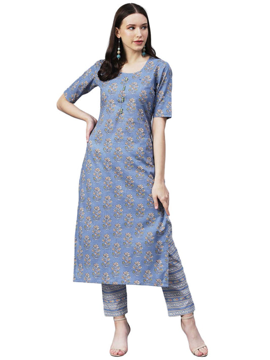 GoSriKi Women's Cotton Blend Printed Straight Kurta with Pant (PRNK-GS)