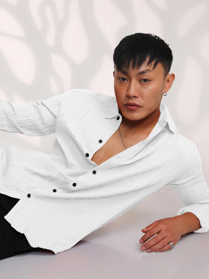 Finivo Fashion MenS Casual Cotton Striped Button Down Shirts Long Sleeve Textured Summer Beach Shirt For Men White