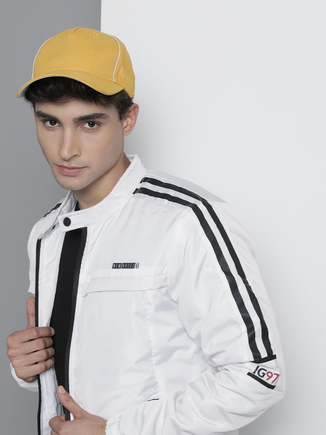 The Indian Garage Co Men White Slim Fit Placement Printed Bomber Jacket