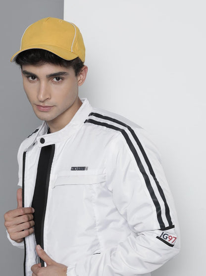 The Indian Garage Co Men White Slim Fit Placement Printed Bomber Jacket