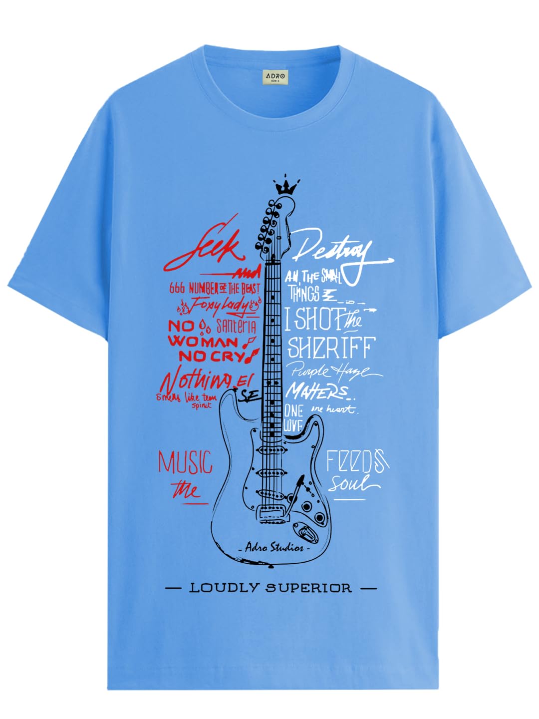 ADRO Guitar Design Printed T-Shirt for Men - 100% Cotton, Regular Fit, Soft Breathable Fabric. (RN23-M-GTR-SK_SkyBlue)