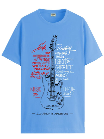ADRO Guitar Design Printed T-Shirt for Men - 100% Cotton, Regular Fit, Soft Breathable Fabric. (RN23-M-GTR-SK_SkyBlue)