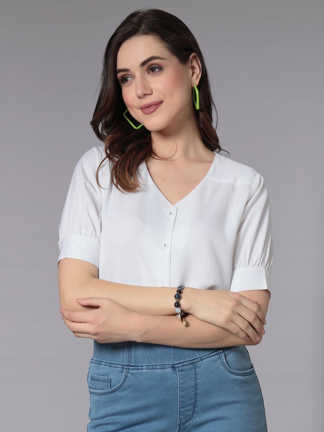 Style Quotient Women Solid White Polyester Smart Casual Shirt