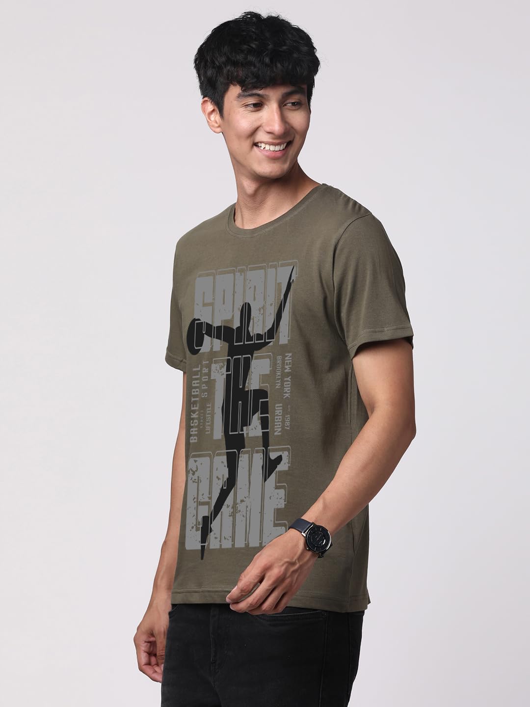 ADRO Sports Design Printed T-Shirt for Men - 100% Cotton, Regular Fit, Soft Breathable Fabric. (RN23-M-SPR-OL_Olive)