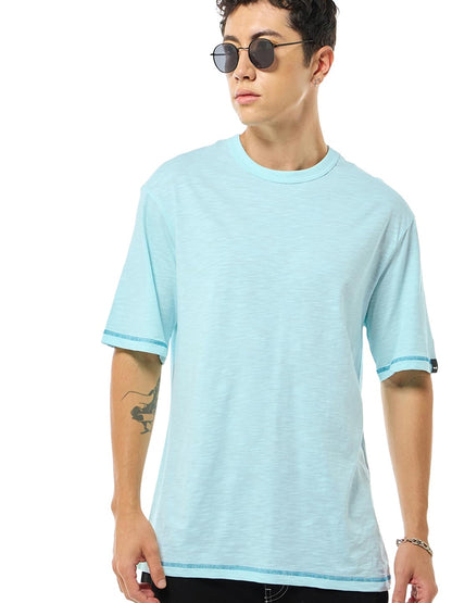 Bewakoof Air 1.0 Mens Solid Oversized Fit Half Sleeve Round Neck Cotton Slub T-Shirt_634344_Blue_M