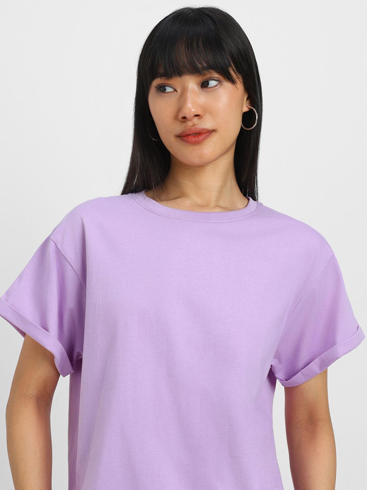 Juneberry Pure 100% Cotton Oversized Loose Baggy Fit Round Neck With Drop Shoulder Black & Lilac Half Sleeves Boyfriend T-Shirt