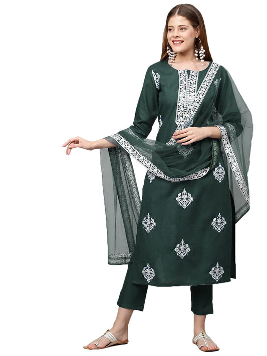 GoSriKi Women's Cotton Blend Straight Embroidered Kurta with Pant & Dupatta (Weekend Green-Nw4-GS)
