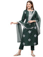 GoSriKi Women's Cotton Blend Straight Embroidered Kurta with Pant & Dupatta (Weekend Green-Nw4-GS)