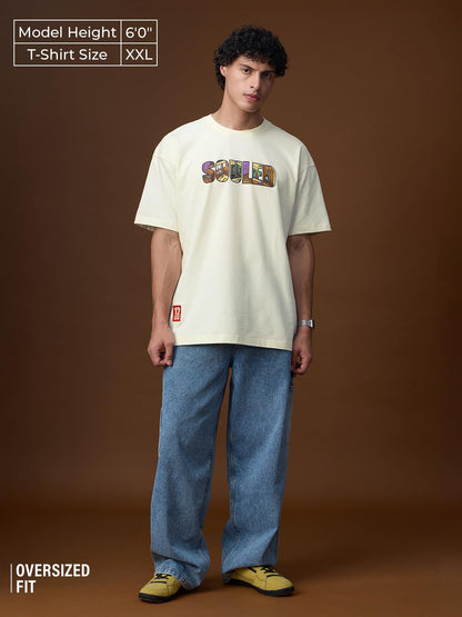 The Souled Store Oversized T-Shirt: Birthday Special Men and Boys Short Sleeves Round Neck Off White Graphic Printed Cotton Over
