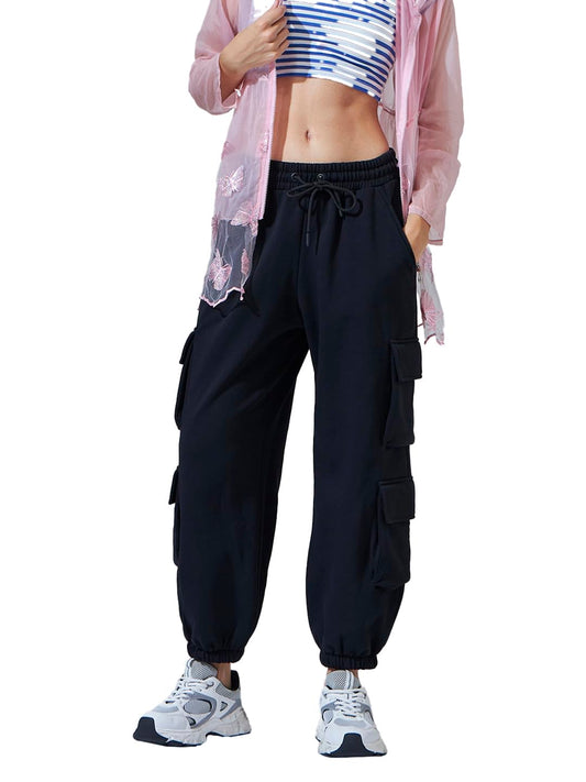 Bewakoof Air 1.0 Womens Solid Super Loose Fit Polycotton Cargo Joggers_624640_Black_2XL