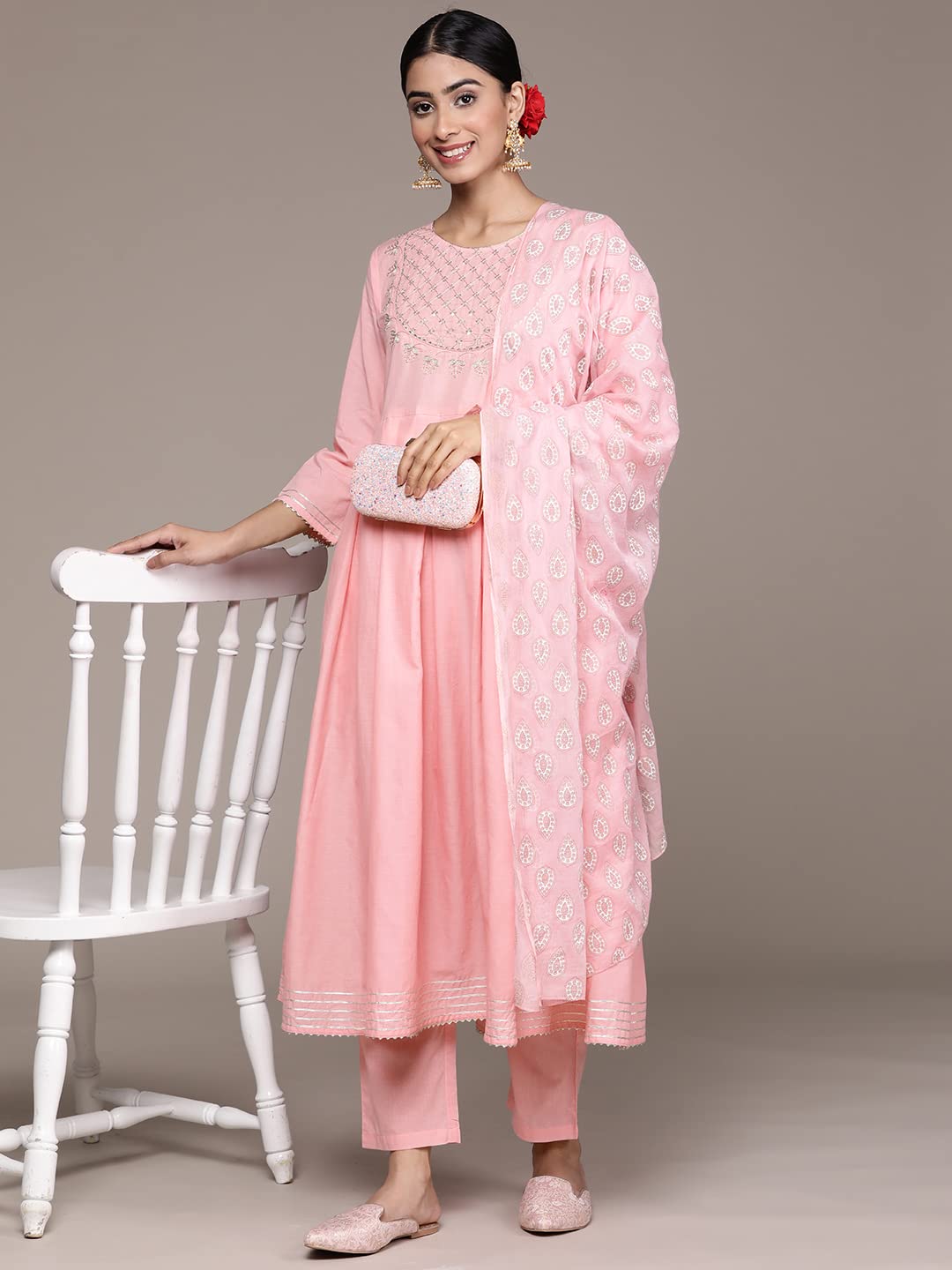 ishin Women's Pink Zari Sequinned Pure Cotton Anarkali Kurta Suit Set with Trousers & Dupatta