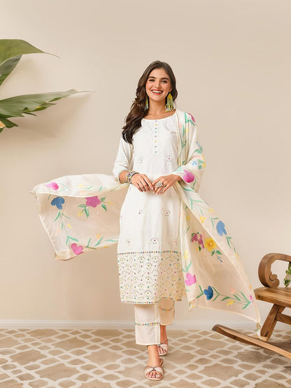 Ishin Hand Painted Floral Kurta With Pants And Dupatta/